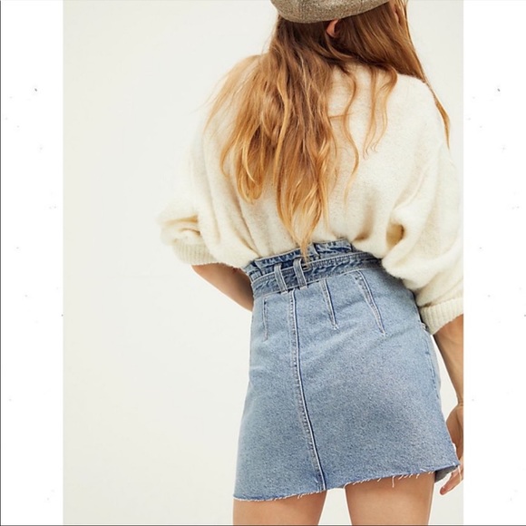 Free People Denim Blue Mini Skirt Button Fly Belted - Picture 3 of 10